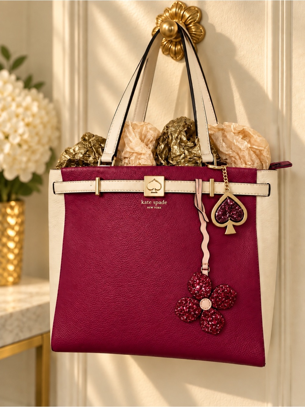 NWT Kate Spade Houston Street Satchel Red Plum WKRU4252 + Authentic KS Charms